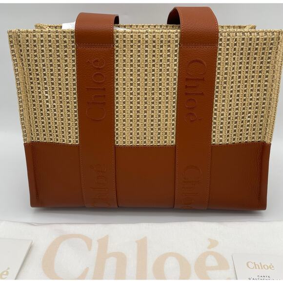 $1950 NEW CHLOE WOODY MEDIUM RAFFIA LEATHER SUMMER TOTE BAG PURSE NWT! - Picture 5 of 13
